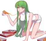  all_fours armpits bare_shoulders barefoot bodysuit breasts c.c. code_geass eating eyebrows_visible_through_hair feet food green_hair highres holding holding_food holding_pizza long_hair looking_at_viewer pizza pizza_box pizza_hut pizza_slice poro_uma small_breasts thighs very_long_hair white_bodysuit yellow_eyes 