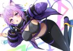  1girl ahoge animal_ear_fluff animal_ears bangs black_gloves black_pants black_sports_bra blue_hair blush breasts cat_ears crossed_bangs gloves hololive jacket large_breasts long_sleeves medium_hair midriff multicolored_hair nekomata_okayu open_clothes open_jacket open_mouth pants purple_belt purple_eyes purple_footwear purple_hair purple_jacket shoes solo sora_no_tori sports_bra streaked_hair thigh_strap virtual_youtuber 