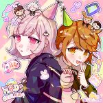  1girl 5boys backpack bag bangs blunt_bangs blush brown_eyes brown_hair brown_ribbon chibi cream cream_on_face danganronpa:_trigger_happy_havoc danganronpa_(series) danganronpa_2:_goodbye_despair dated dudeoji_(dotheg_ansoni) eyebrows_visible_through_hair food food_on_face from_side fujisaki_chihiro galaga green_jacket hair_ornament happy_birthday hat heart highres hinata_hajime hood hood_down ishimaru_kiyotaka jacket komaeda_nagito long_sleeves looking_at_viewer medium_hair multiple_boys nanami_chiaki oowada_mondo party_hat pink_background pink_eyes pompadour purple_jacket ribbon shiny shiny_hair short_hair twitter_username 