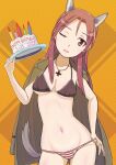  1girl animal_ears bikini birthday birthday_cake blush breasts cake collarbone dog_ears dog_tail eyebrows_visible_through_hair food hand_on_hip heart heart-shaped_pupils highres jewelry keicha_(kmoekaki) large_breasts long_hair military military_uniform minna-dietlinde_wilcke necklace one_eye_closed open_mouth red_eyes red_hair shiny shiny_hair shiny_skin smile solo strike_witches swimsuit symbol-shaped_pupils tail uniform world_witches_series 