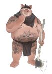  2022 absurd_res anthro belly bottomwear clothing hi_res humanoid_hands huynhduyad14 loincloth male mammal moobs nipples overweight overweight_male simple_background solo suid suina sus_(pig) tattoo weapon white_background wild_boar 