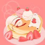  bear bird chai_(drawingchisanne) commentary_request food food_focus fruit holding ice_cream looking_at_viewer no_humans on_food original pancake plate polar_bear signature simple_background sitting sitting_on_food stack_of_pancakes strawberry syrup undersized_animal whipped_cream 