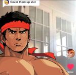  1boy bara black_hair closed_mouth cover_them_up_slut_(meme) forked_eyebrows headband izukuxo large_pectorals looking_at_viewer male_focus meme muscular muscular_male nipples pectoral_focus pectorals red_headband ryu_(street_fighter) short_hair sideburns solo street_fighter upper_body 