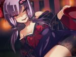  1girl absurdres at2. bare_shoulders blush collarbone eyebrows_visible_through_hair fangs floral_print half-closed_eyes highres long_hair looking_at_viewer low_twintails lying off-shoulder_kimono on_side open_mouth purple_eyes purple_hair smile solo teeth twintails voiceroid yuzuki_yukari 