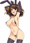  1girl :d animal_ears areola_slip areolae armpits arms_up bangs bow breasts brown_eyes brown_hair choker covered_nipples cowboy_shot elbow_gloves eyebrows_visible_through_hair gloves hair_bow hairband haruhisky highres large_breasts legs_apart looking_at_viewer medium_hair navel open_mouth orange_bow orange_hairband purple_choker purple_gloves purple_legwear purple_swimsuit rabbit_ears revealing_clothes simple_background slingshot_swimsuit smile solo standing stomach strap_gap suzumiya_haruhi suzumiya_haruhi_no_yuuutsu swimsuit teeth thighhighs upper_teeth white_background 