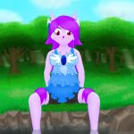  anthro aquatic_dragon barefoot detailed_background dragon feet female forest freedom_planet freedom_planet_2 ghostth39 hair hi_res horn hybrid long_hair looking_down marine partially_submerged pink_body plant purple_hair red_eyes river sash_lilac solo spats spread_legs spreading summer_dress tree video_games 