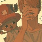  2boys between_fingers blonde_hair cigarette commentary_request facial_hair hair_over_one_eye hat holding holding_cigarette looking_at_another male_focus multiple_boys one_piece portrait profile sanji short_hair smoking teeth tonta_(tonta1231) tony_tony_chopper 