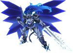  1boy arkfield armor bangs blazblue blazblue:_central_fiction blazblue:_cross_tag_battle blue_eyes blue_hair crossover divine_dividing energy_sword energy_wings full_armor full_body fusion gauntlets high_school_dxd high_school_dxd_new highres holding holding_sword holding_weapon large_wings long_hair looking_at_viewer no_pupils pauldrons shoulder_armor susanoo_(blazblue) sword tail vali_lucifer very_long_hair weapon 