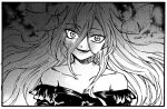  abyssal_ship commentary_request dodomori dress eyebrows_visible_through_hair greyscale hair_over_eyes hair_over_face kantai_collection long_hair looking_at_viewer mediterranean_dreadnought_water_princess monochrome open_mouth strapless strapless_dress 