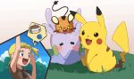  +_+ 1girl :d arm_up blonde_hair blue_eyes blush_stickers bonnie_(pokemon) brown_shirt cloud commentary_request dedenne goomy gouda_takeshi_(dogezakaiden) grass hand_up open_mouth pikachu pokemon pokemon_(anime) pokemon_xy_(anime) shirt short_hair short_sleeves sky smile spoken_object tongue 