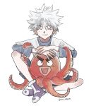  1boy 1other ^_^ closed_eyes highres hunter_x_hunter ikalgo killua_zoldyck layered_sleeves long_sleeves male_focus octopus shoes short_over_long_sleeves short_sleeves shorts smile torohiko white_background white_hair 