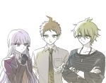  1girl 2boys ahoge amami_rantarou bangs black_gloves black_jacket black_ribbon brown_eyes brown_hair brown_necktie collarbone collared_shirt danganronpa:_trigger_happy_havoc danganronpa_(series) danganronpa_2:_goodbye_despair danganronpa_v3:_killing_harmony gloves green_eyes green_hair green_necktie grey_background grey_hair hair_ribbon hand_up hinata_hajime jacket jewelry kirigiri_kyouko long_hair long_sleeves looking_at_another mnm47579553 multiple_boys necklace necktie open_clothes open_jacket purple_eyes ribbon shirt short_hair simple_background striped striped_shirt upper_body white_shirt 