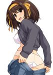  1girl ass bangs blue_pants blush bob_cut bow bra breasts brown_eyes brown_hair commentary_request covered_nipples cowboy_shot denim eyebrows_visible_through_hair from_behind grey_sweater hair_between_eyes hair_bow hair_ornament hairband haruhisky highres jeans long_hair long_sleeves looking_ahead looking_back medium_breasts medium_hair open_mouth orange_bow orange_hairband panties pants polka_dot polka_dot_panties round_teeth see-through_panties simple_background sleeves_past_wrists smile solo standing suzumiya_haruhi suzumiya_haruhi_no_yuuutsu sweater teeth turtleneck underwear undressing upper_teeth white_background white_bra white_panties 