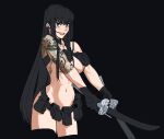  1girl arm_tattoo back_tattoo belt black_background black_gloves black_hair black_legwear blue_eyes breasts cowboy_shot dual_wielding gloves holding holding_weapon hong_doo kill_la_kill kiryuuin_satsuki large_breasts long_hair looking_at_viewer navel open_mouth pouch simple_background solo tattoo teeth thighhighs upper_teeth weapon 