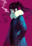 1girl cigarette dm_owr hands_in_pockets highres jacket jill_stingray long_coat long_hair miniskirt pink_background purple_hair red_eyes skirt smoke smoking solo twintails va-11_hall-a 