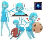  1girl allay at2. bangs blue_hair blue_skin blunt_bangs blush bright_pupils character_name closed_mouth colored_skin cookie eyebrows_visible_through_hair facing_viewer food fruit grin heart highres holding holding_cookie holding_food holding_fruit looking_at_viewer minecraft multiple_views musical_note open_mouth parted_lips personification pointy_ears short_hair smile teeth upper_teeth white_eyes white_pupils 