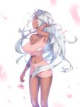  1girl a.x. absurdres blue_eyes breasts cleavage dark-skinned_female dark_skin flower highres large_breasts long_hair navel original petals pink_flower pink_shorts pink_tank_top short_shorts shorts silver_hair solo stomach striped striped_shorts striped_tank_top tank_top thighs very_long_hair 