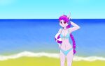  2019 anthro aquatic_dragon beach braided_hair braided_ponytail breasts clothing dragon feathered_tail feathers female freedom_planet freedom_planet_2 ghostth39 hair hand_behind_head hi_res horn hybrid looking_at_viewer marine medium_breasts navel pink_body purple_hair red_eyes sash_lilac seashore seaside simple_background solo sport swimwear video_games volleyball 