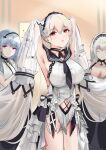 3girls armpits arms_behind_head azur_lane bangs blue_hair breasts cleavage closed_eyes closed_mouth dido_(azur_lane) dress eyebrows_visible_through_hair feet_out_of_frame formidable_(azur_lane) formidable_(timeless_classics)_(azur_lane) hairband hand_in_hair large_breasts long_hair looking_at_viewer maid mianbaoren multiple_girls navel official_alternate_costume purple_eyes red_eyes short_hair silver_hair simple_background sirius_(azur_lane) smile standing twintails very_long_hair white_dress 