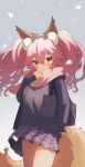  1girl animal_ear_fluff animal_ears bag bangs blush bow commentary_request cowboy_shot fate/extella fate/extra fate_(series) fox_ears fox_girl fox_tail hair_bow jacket long_hair long_sleeves looking_at_viewer miniskirt pink_hair pink_scarf plaid plaid_skirt scarf school_bag school_uniform sidelocks skirt slit_pupils solo tail tamamo_(fate) tamamo_no_mae_(fate/extra) tamamo_no_mae_(jk)_(fate) tsukimi_okayu wavy_hair white_bow winter_clothes yellow_eyes 