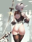  1girl absurdres ass bangs bare_shoulders black_footwear black_legwear blindfold boots breasts closed_mouth commentary_request elbow_gloves feather_trim floating floating_object gloves hair_ornament hairband highleg highleg_leotard highres holding leotard looking_back medium_breasts nier_(series) nier_automata shiny shiny_clothes short_hair simple_background sleeveless sword thigh_boots thighhighs un_lim weapon white_hair yorha_no._2_type_b 