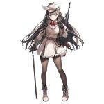  1girl ascot banned_artist battle_rifle beige_coat belt belt_buckle black_gloves blue_eyes bow bowtie brooch brown_hair brown_legwear buckle cabbie_hat cane coat drill_hair drill_locks full_body girls&#039;_frontline gloves gun hat hat_bow highres holding holding_magnifying_glass howa_type_64 howa_type_64_(a_job_that_doesn&#039;t_suit_her)_(girls&#039;_frontline) howa_type_64_(girls&#039;_frontline) jewelry lace_trim long_hair m18_grenade magnifying_glass official_alternate_costume official_art pantyhose parsley-f parted_lips rifle rifle_on_back side-seamed_gloves sidelocks smoke_grenade solo strap transparent_background trench_coat tsurime very_long_hair weapon white_bow white_footwear 