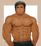 1boy abs bara bare_pectorals biceps black_eyes black_hair dark-skinned_male dark_skin ezaki_papiko facial_hair highres large_pectorals looking_at_viewer male_focus muscular muscular_male navel nipples original pants pectoral_cleavage pectorals sideburns smile solo spiked_hair stubble thick_arms thick_eyebrows 