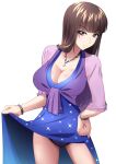  1boy blue_dress blush breasts brown_eyes brown_hair chain_necklace cleavage dress girls_und_panzer highres huge_breasts jewelry long_hair looking_at_viewer miraino_tsubasa necklace nishizumi_shiho solo underwear white_background 