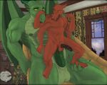  4_arms abdominal_bulge ahundred anthro big_penis canid canine canis coyote detailed_background dragon genitals green_body hi_res huge_penis hyper hyper_genitalia hyper_penis male male/male mammal multi_arm multi_limb muscular penis red_body wallpaper wings 