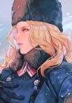  1girl black_gloves blonde_hair from_side fur_hat gloves hand_on_own_chest hat hungry_clicker kolin light_blue_eyes long_hair parted_lips pink_lips portrait solo street_fighter street_fighter_v ushanka wavy_hair winter_clothes 
