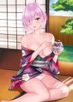  1girl absurdres bangs bare_shoulders blush breasts cleavage collarbone fate/grand_order fate_(series) hair_over_one_eye highres large_breasts light_purple_hair looking_at_viewer mash_kyrielight open_mouth purple_eyes short_hair smile solo yayanri 