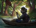  2020 anthro backpack blue_body blue_fur blue_hair boat clothed clothing felid fur hair hi_res jacato lion looking_at_viewer male mammal outside paddle pantherine river shirt sitting solo topwear vehicle watercraft yellow_body yellow_fur 