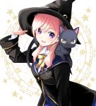  1girl animal_on_shoulder aquarius bangs black_cat black_headwear black_jacket blue_skirt bow brown_eyes cancer cat collared_shirt commentary_request crescent crescent_hat_ornament eyebrows_behind_hair gemini hair_between_eyes hand_on_headwear hand_up hat hat_ornament jacket natsupa original pink_hair pisces purple_eyes shirt simple_background skirt solo starry_background virgo white_background white_shirt witch witch_hat yellow_bow 