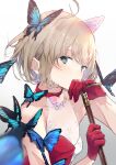  1girl blue_butterfly blue_eyes bug butterfly butterfly_brooch butterfly_hair_ornament c-93_(fluttering_like_a_butterfly)_(girls&#039;_frontline) c-93_(girls&#039;_frontline) cane collarbone covered_mouth girls&#039;_frontline gloves hair_ornament highres sakippo_(sakippo0) see-through simple_background two-tone_dress 