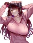  1girl aonaga_heri arm_behind_head arms_up bangs baseball_cap black_headwear blush breasts brown_gloves brown_hair closed_mouth ear_piercing eyebrows_visible_through_hair gloves hand_on_headwear hat highres hololive hood hoodie horns huge_breasts long_sleeves looking_at_viewer multicolored_hair piercing pink_hair pink_hoodie roboco-san simple_background single_horn smile solo streaked_hair unaligned_breasts upper_body virtual_youtuber white_background yellow_eyes 