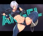  1girl angel_(kof) boots breasts character_name cowboy_boots gloves highres jacket large_breasts muscular ogami smile the_king_of_fighters white_hair 