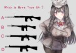  1girl :t absurdres anger_vein ascot ass battle_rifle beige_coat belt belt_buckle blue_eyes blush bow bowtie breasts brooch brown_hair brown_legwear buckle cabbie_hat coat cowboy_shot drill_hair drill_locks english_text explosive eyelashes fn_fal frown girls&#039;_frontline gloves grenade grey_background gun h&amp;k_g3a3 hand_on_hip hat hat_bow highres howa_type_64 howa_type_64_(a_job_that_doesn&#039;t_suit_her)_(girls&#039;_frontline) howa_type_64_(girls&#039;_frontline) huge_breasts jewelry leaning_forward long_hair look-alike looking_at_viewer m18_grenade martinreaction official_alternate_costume pantyhose quiz rifle sidelocks sig_510 silhouette simple_background solo strap trench_coat very_long_hair weapon white_bow 
