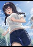  2girls absurdres bangs blue_shorts blue_sky blush braid breasts fou_(ssqseeker) glasses gym_uniform highres large_breasts long_hair low_twin_braids multiple_girls one_eye_closed open_mouth original shirt short_sleeves shorts sky solo_focus sweat twin_braids white_shirt 