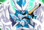  1boy angel_wings blue_armor bodysuit compound_eyes crossed_arms feathered_wings glowing green_background grey_bodysuit gun handgun highres holy_live kamen_rider kamen_rider_live kamen_rider_revice livegun male_focus miyabi_(037) pistol upper_body weapon white_eyes wing_genome wings 