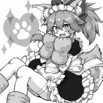  1girl animal_ear_fluff animal_ears animal_feet animal_hands apron blush bow cat_paws commentary_request dress eyebrows_visible_through_hair eyelashes fangs fate/grand_order fate_(series) feet_out_of_frame fox_ears fox_girl fox_tail frilled_dress frilled_skirt frilled_sleeves frills greyscale hair_between_eyes hair_bow heart highres kusama_takato looking_at_viewer maid_apron maid_headdress monochrome open_mouth paw_print ponytail short_sleeves simple_background sitting skirt solo sparkling_eyes tail tamamo_(fate) tamamo_cat_(fate) thighhighs tongue 