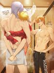  3boys abs absurdres aether_(genshin_impact) after_anal after_sex ass bite_mark black_legwear blonde_hair braid braided_ponytail carrying carrying_person character_request closed_eyes earrings english_text genshin_impact highres jewelry large_pectorals male_focus multiple_boys naked_towel nipples open_mouth pants pectorals pnk_crow scratches single_braid steam sweat sweatpants tartaglia_(genshin_impact) topless_male towel white_hair yaoi 