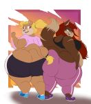  2022 absurd_res anthro ass_to_ass belly big_breasts big_butt black_bottomwear black_clothing black_shirt black_shorts black_tank_top black_topwear blonde_hair blue_clothing blue_eyes blue_footwear blue_shoes bottomwear bra breasts brown_body brown_fur butt butt_cleavage butt_squish clothing curvy_figure dipstick_tail domestic_cat duo felid feline felis female footwear fur goblinhordestudios gym_bottomwear gym_clothing gym_shorts hair hi_res huge_butt lion lisa_(goblinhordestudios) long_hair looking_back mammal markings multicolored_body multicolored_fur overweight overweight_female pantherine pants pink_bottomwear pink_clothing pink_eyes pink_pants pink_shirt pink_topwear ponytail purple_clothing purple_footwear purple_shoes rear_view red_hair sabrina_(thunderkid92) shirt shoes shorts sneakers sports_bra squish t-shirt tail_markings tan_body tan_fur tank_top thick_thighs tight_clothing topwear two_tone_body two_tone_fur underwear voluptuous wardrobe_malfunction yoga_pants 