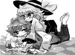  2girls :d blouse book bow cookie d: eyebrows_visible_through_hair food full_body greyscale hair_between_eyes hat hat_bow heart heart-shaped_pupils hood hoodie jitome komeiji_koishi komeiji_satori lying lying_on_person messy_hair monochrome multiple_girls on_stomach open_book open_mouth pants pillow plate short_hair siblings sisters skirt smile socks symbol-shaped_pupils touhou yt_(wai-tei) 