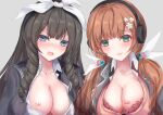  2girls :3 absurdres annoyed blue_eyes blush body_writing bow bra breasts brown_hair cleavage collarbone drill_hair drill_locks eyelashes flower girls&#039;_frontline green_eyes grey_background hair_flower hair_ornament headphones highres howa_type_64_(girls&#039;_frontline) howa_type_89_(girls&#039;_frontline) jacket lace-trimmed_bra lace_trim large_breasts long_hair looking_at_viewer low_twintails martinreaction multiple_girls open_clothes open_jacket open_mouth open_shirt orange_hair parted_lips red_bra sidelocks simple_background smile trait_connection twintails underwear upper_body white_bow 