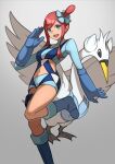  1girl :d absurdres blue_eyes blue_footwear blue_gloves blue_jacket blue_shorts boots commentary_request cropped_jacket gloves gradient gradient_background grey_background hair_ornament hand_up highres jacket leg_up midriff nana_kamiii navel one_side_up open_mouth pokemon pokemon_(creature) pokemon_(game) pokemon_bw red_hair short_hair_with_long_locks short_shorts shorts sidelocks skyla_(pokemon) smile swanna teeth thigh_pouch tied_hair tongue turtleneck upper_teeth 