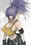  1girl bare_shoulders belt blue_eyes blue_hair breasts cleavage covered_nipples dog_tags earrings gloves hair_between_eyes heavy_breathing highres hyocorou jewelry large_breasts leona_heidern long_hair midriff military no_bra pants ponytail solo sweat tank_top the_king_of_fighters the_king_of_fighters_xv 