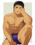  1boy abs bara bare_pectorals black_hair blush boxer_briefs bulge ezaki_papiko hand_on_own_face highres large_pectorals leg_hair male_focus male_underwear muscular muscular_male navel nipples no_pants one_eye_closed original pectoral_cleavage pectorals smile solo thick_arms thick_thighs thighs topless topless_male underwear yaoi yellow_eyes 