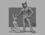  absurd_res anthro barefoot canid canine circumcised dominant dominant_male duo feet genitals hi_res kneeling lagomorph leporid male male/male mammal nude penis petting rabbit raised_tail scar spots totobun totobun_(character) 