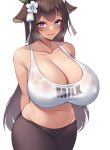  1girl alternate_costume animal_ears arms_behind_back azur_lane bangs bare_shoulders black_pants breasts brown_hair cleavage closed_mouth clothes_writing collarbone commentary covered_nipples cow_ears cow_girl cow_horns cowboy_shot eyebrows_visible_through_hair flower hair_flower hair_ornament heart heart-shaped_pupils heavy_breathing highres horns huge_breasts kashino_(azur_lane) kuavera light_smile long_hair looking_at_viewer navel pants raised_eyebrows simple_background solo sports_bra sweat symbol-shaped_pupils very_long_hair white_background white_flower white_sports_bra yoga_pants 