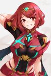  1girl arm_behind_head artist_name bangs bob_cut breasts eondriver grin highres looking_at_viewer open_mouth pyra_(xenoblade) red_eyes red_hair short_hair short_sleeves smile solo teenage teeth tiara xenoblade_chronicles_(series) xenoblade_chronicles_2 